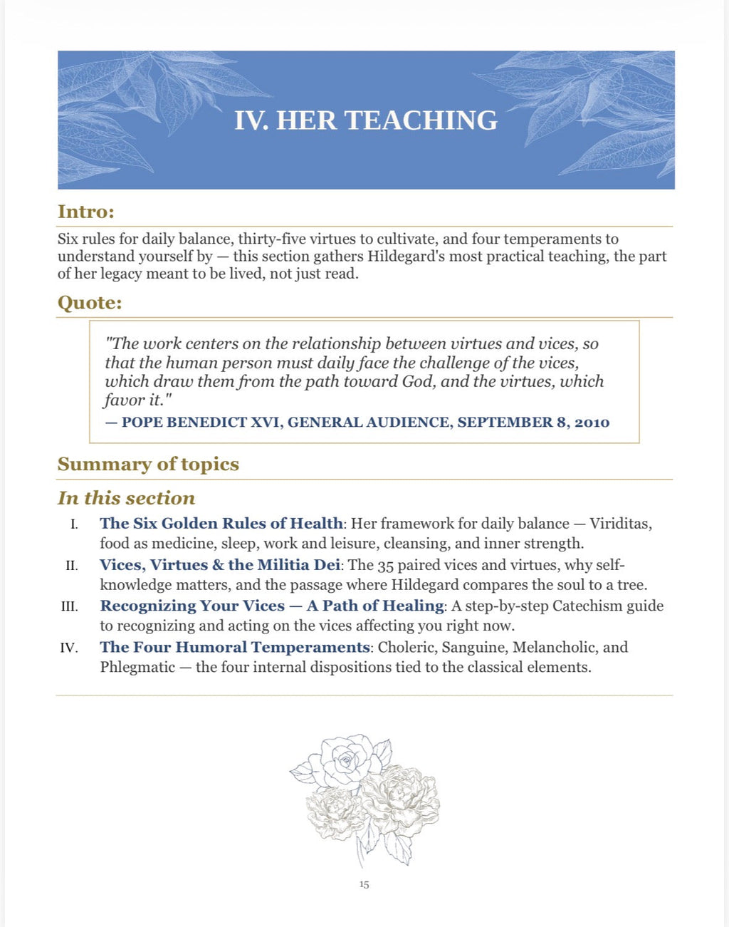 IV. Her Teaching - chapter overview with Six Golden Rules, Vices & Virtues, and Four Temperaments