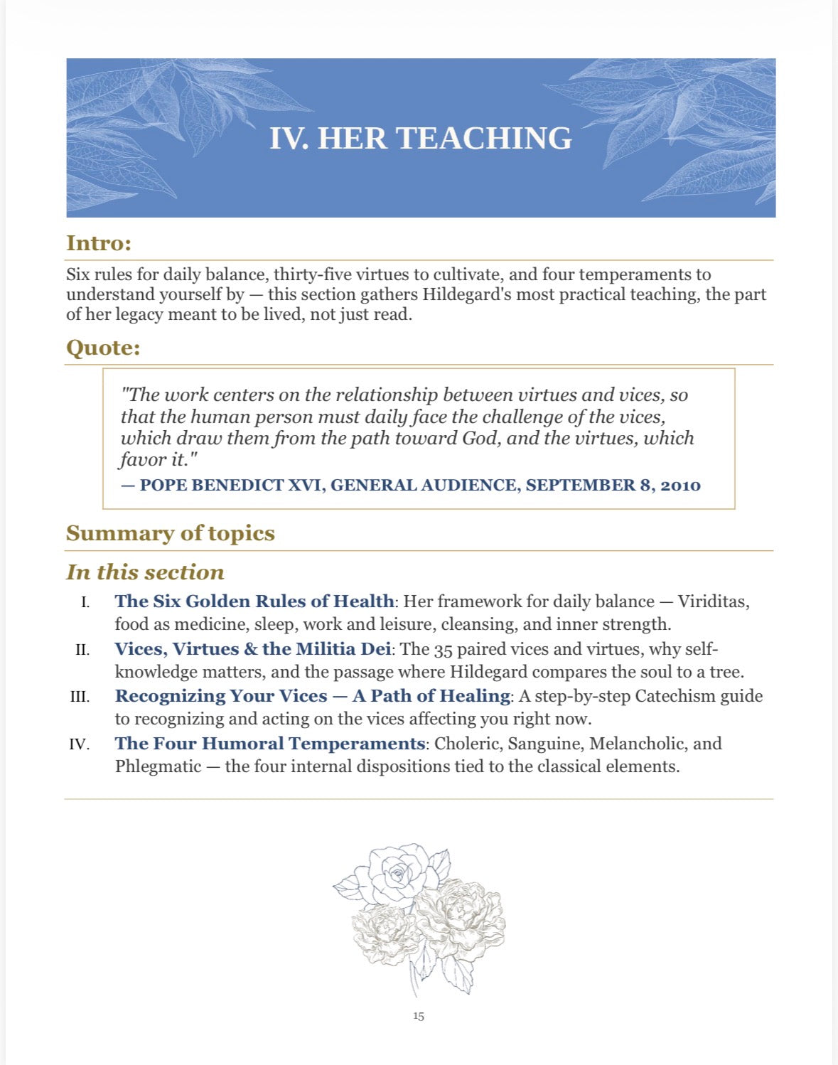 IV. Her Teaching - chapter overview with Six Golden Rules, Vices & Virtues, and Four Temperaments