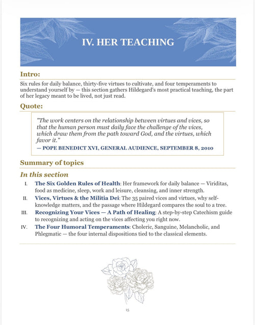 IV. Her Teaching - chapter overview with Six Golden Rules, Vices & Virtues, and Four Temperaments