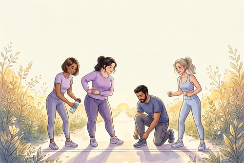 Four people preparing together at the starting line of their journey to wellness.